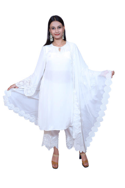 White Embroidered Crepe Organza Suit