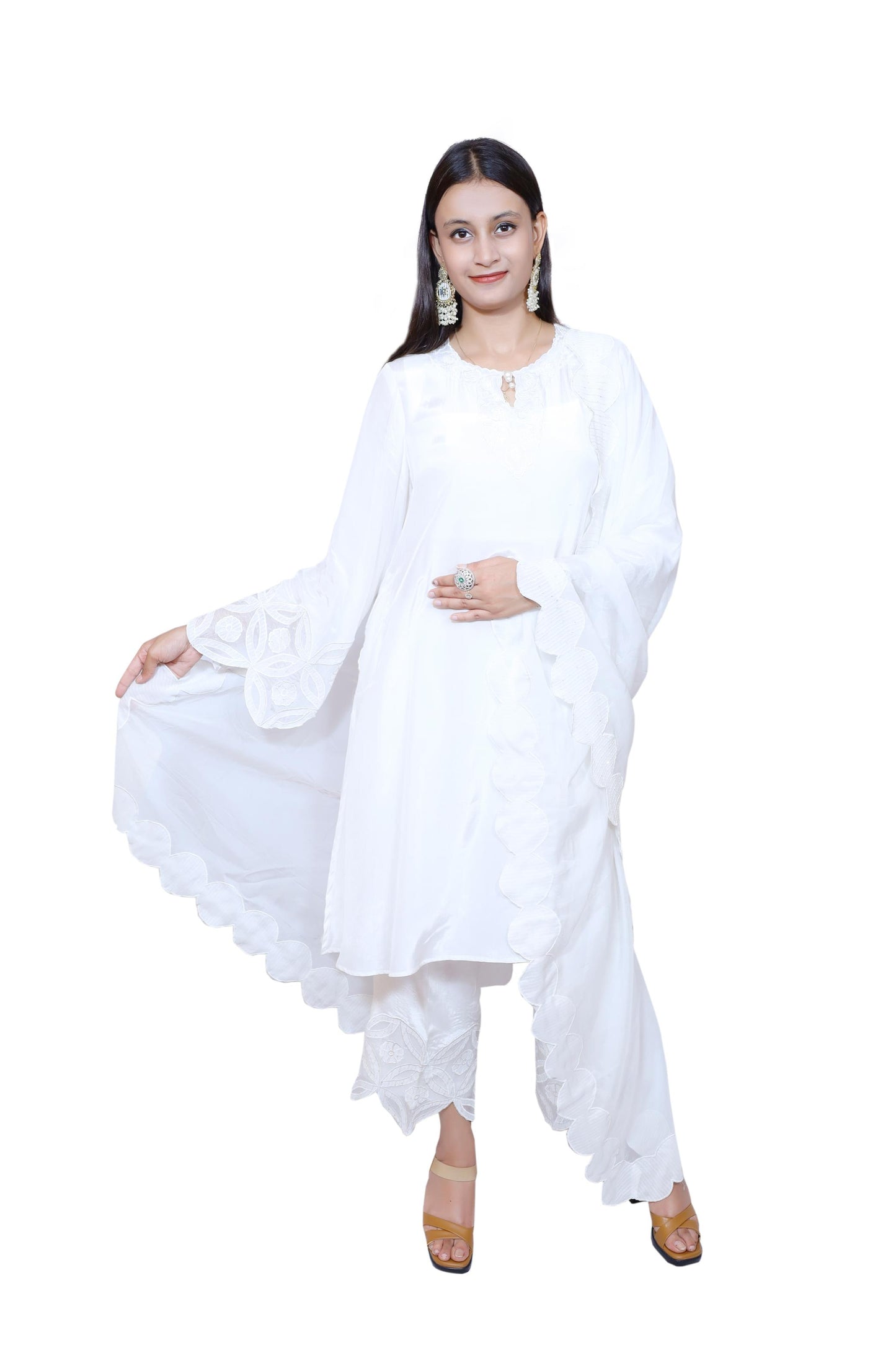 White Embroidered Crepe Organza Suit