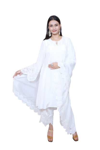 White Embroidered Crepe Organza Suit