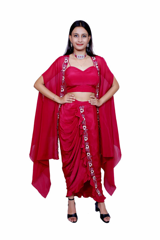 Berry Bloom Crepe Drape Set with Embroidered Organza Shrug