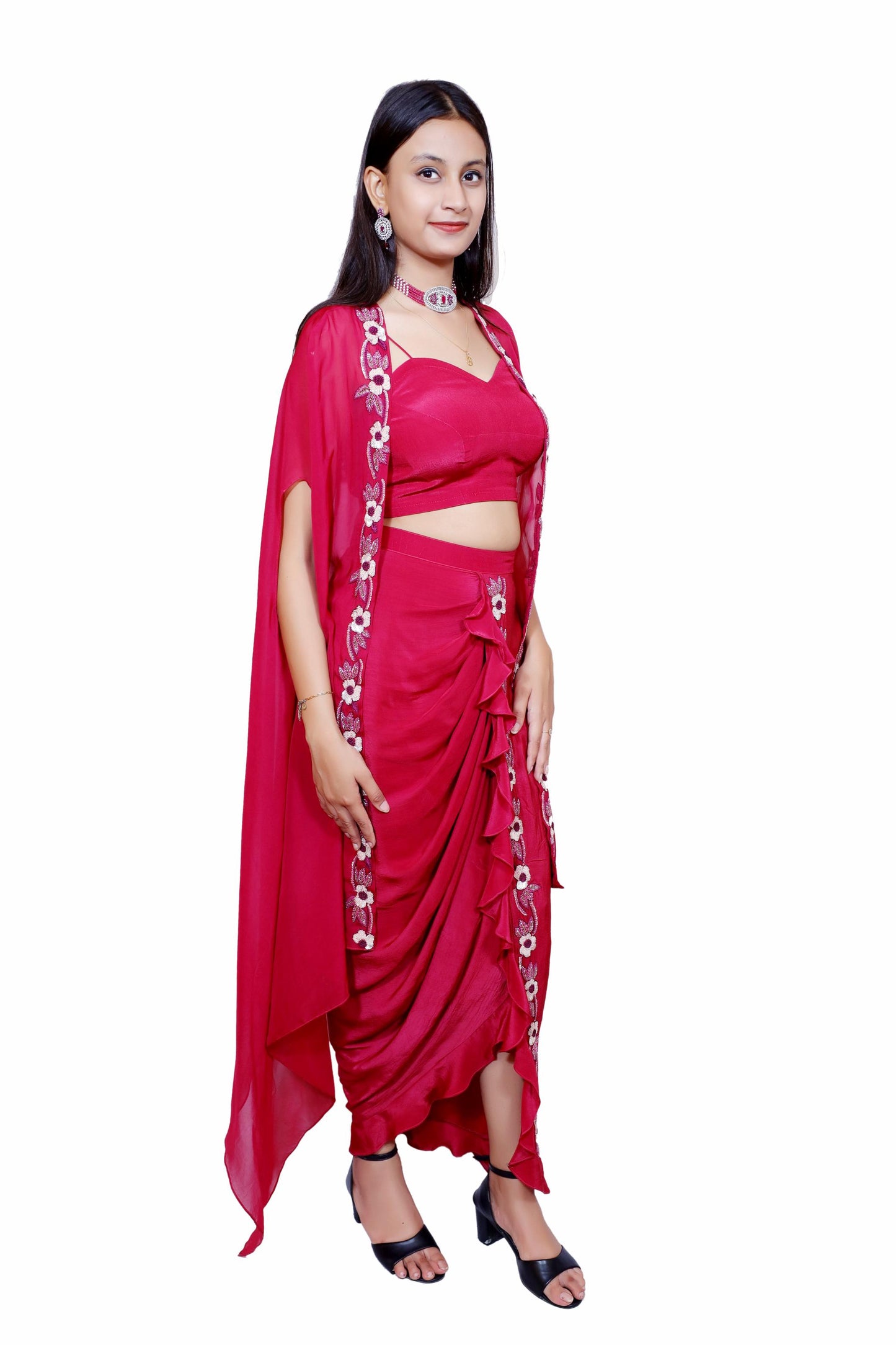 Berry Bloom Crepe Drape Set with Embroidered Organza Shrug