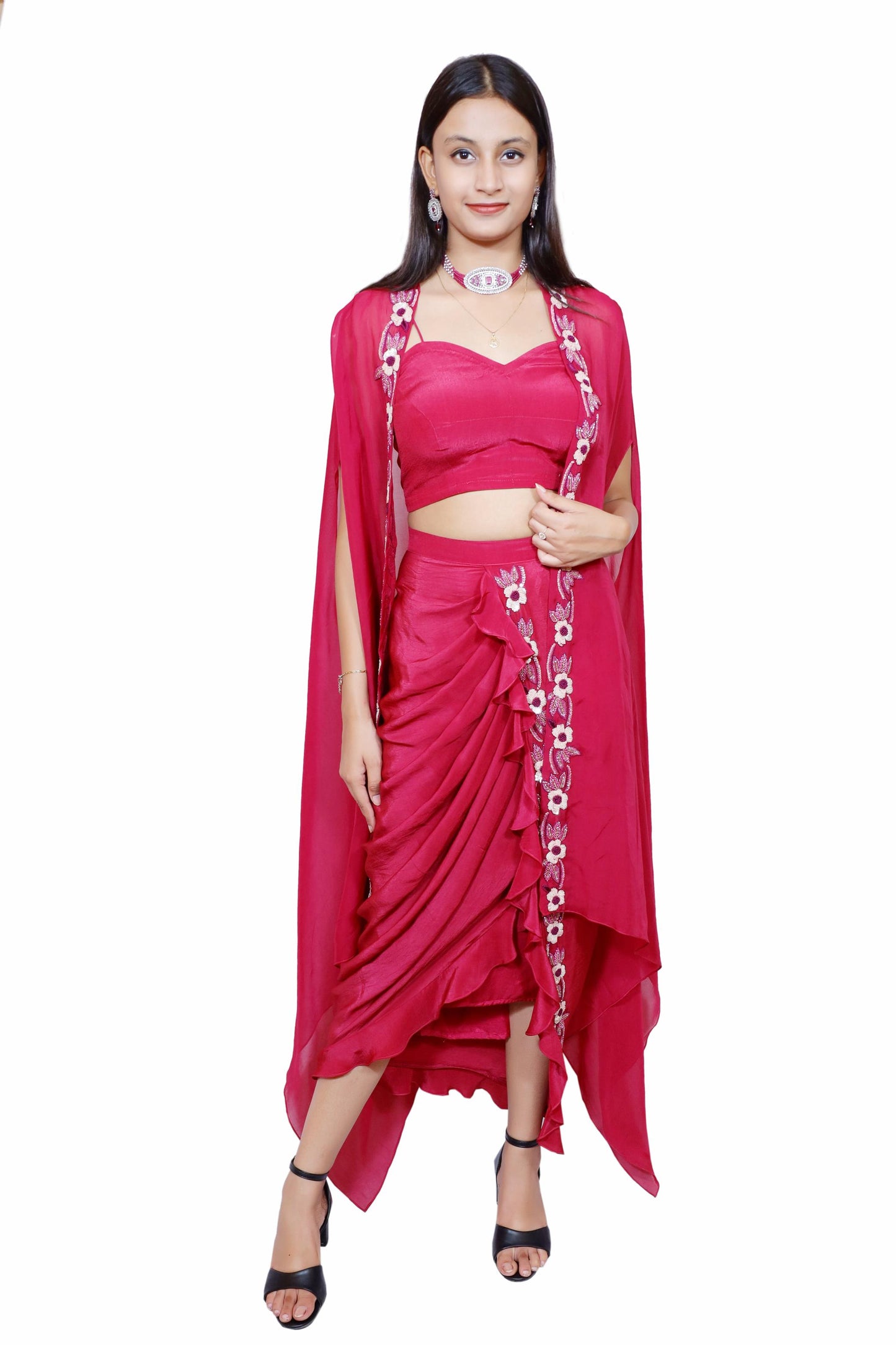 Berry Bloom Crepe Drape Set with Embroidered Organza Shrug