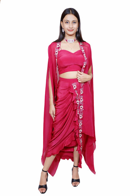 Berry Bloom Crepe Drape Set with Embroidered Organza Shrug