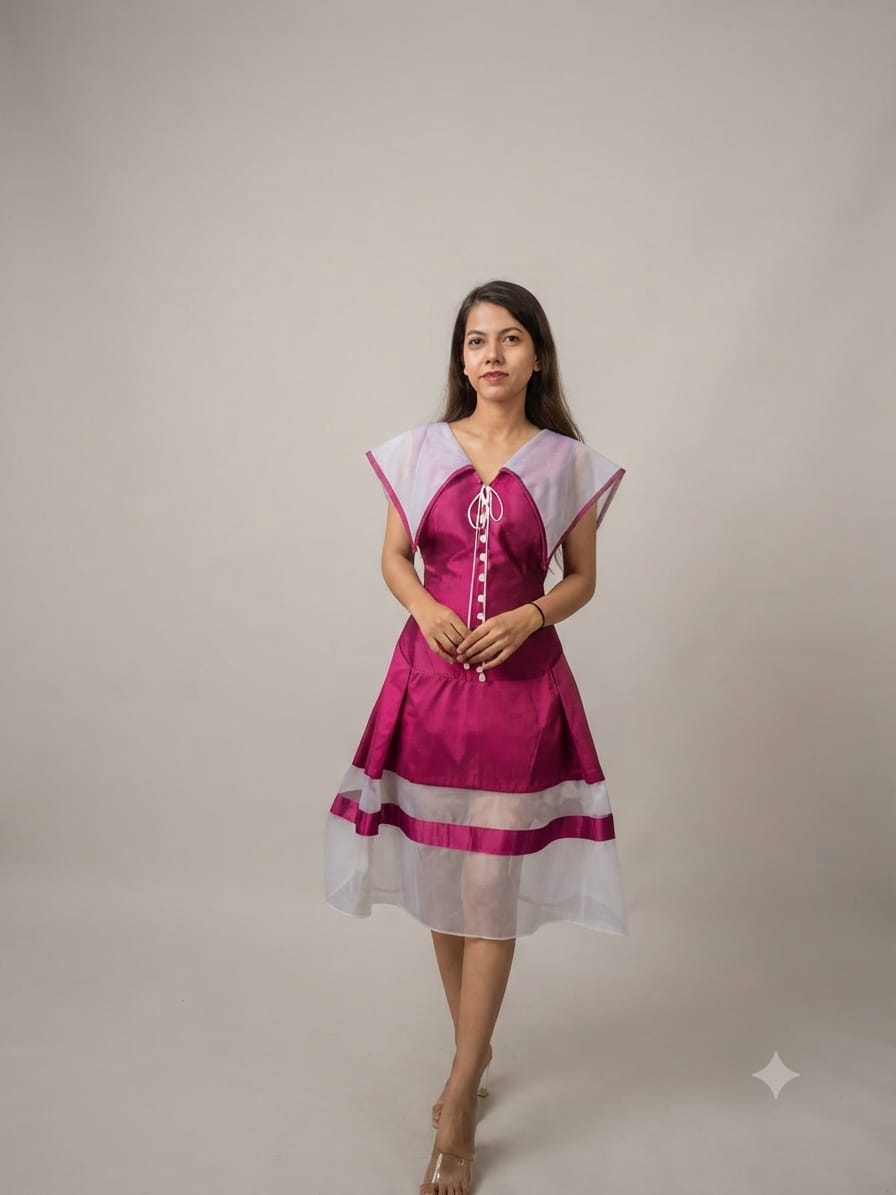 Berry Pink & White Sailor-Collar Flared Dress
