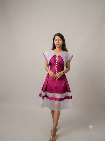 Berry Pink & White Sailor-Collar Flared Dress