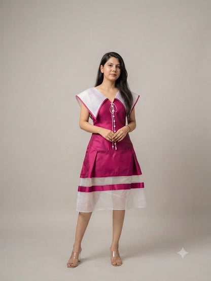 Berry Pink & White Sailor-Collar Flared Dress