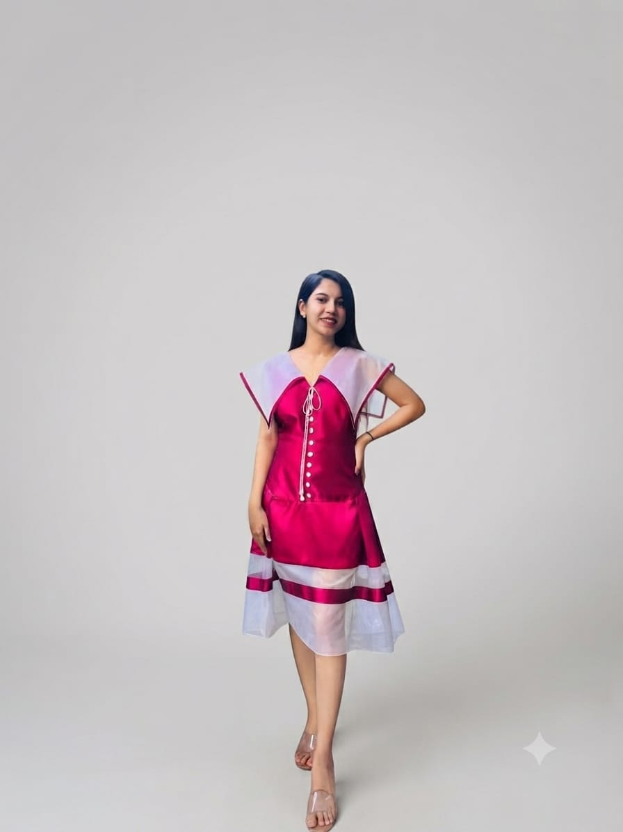 Berry Pink & White Sailor-Collar Flared Dress
