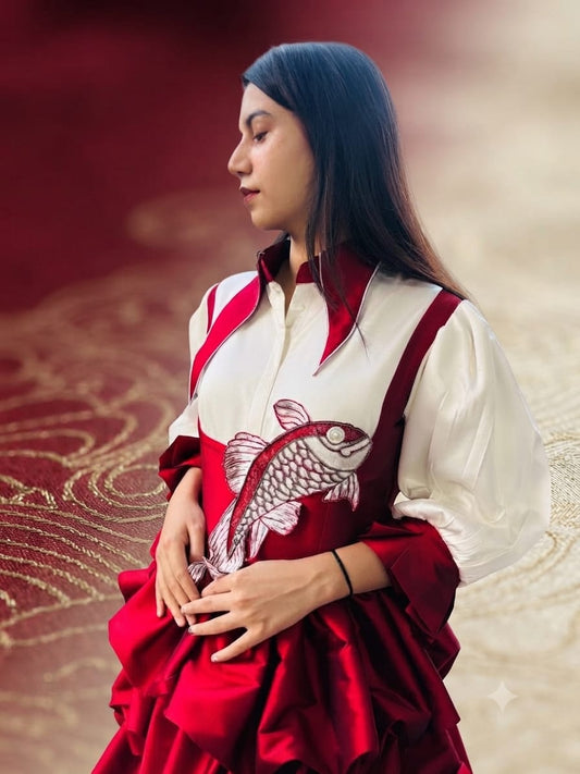 Burgundy Ruffle Statement Dress with Embroidered Fish Motif