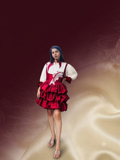 Burgundy Ruffle Statement Dress with Embroidered Fish Motif
