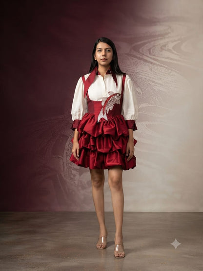 Burgundy Ruffle Statement Dress with Embroidered Fish Motif