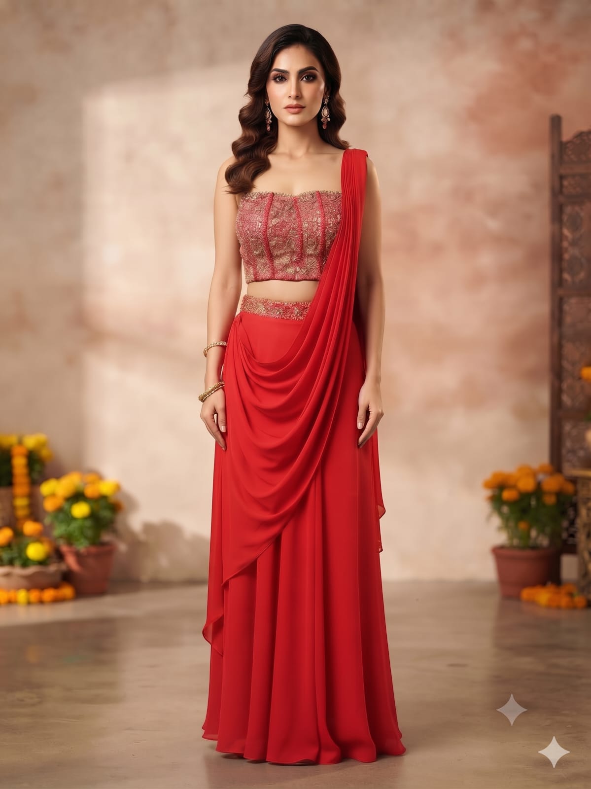 Embroidered Corset Drape Palazzo Set