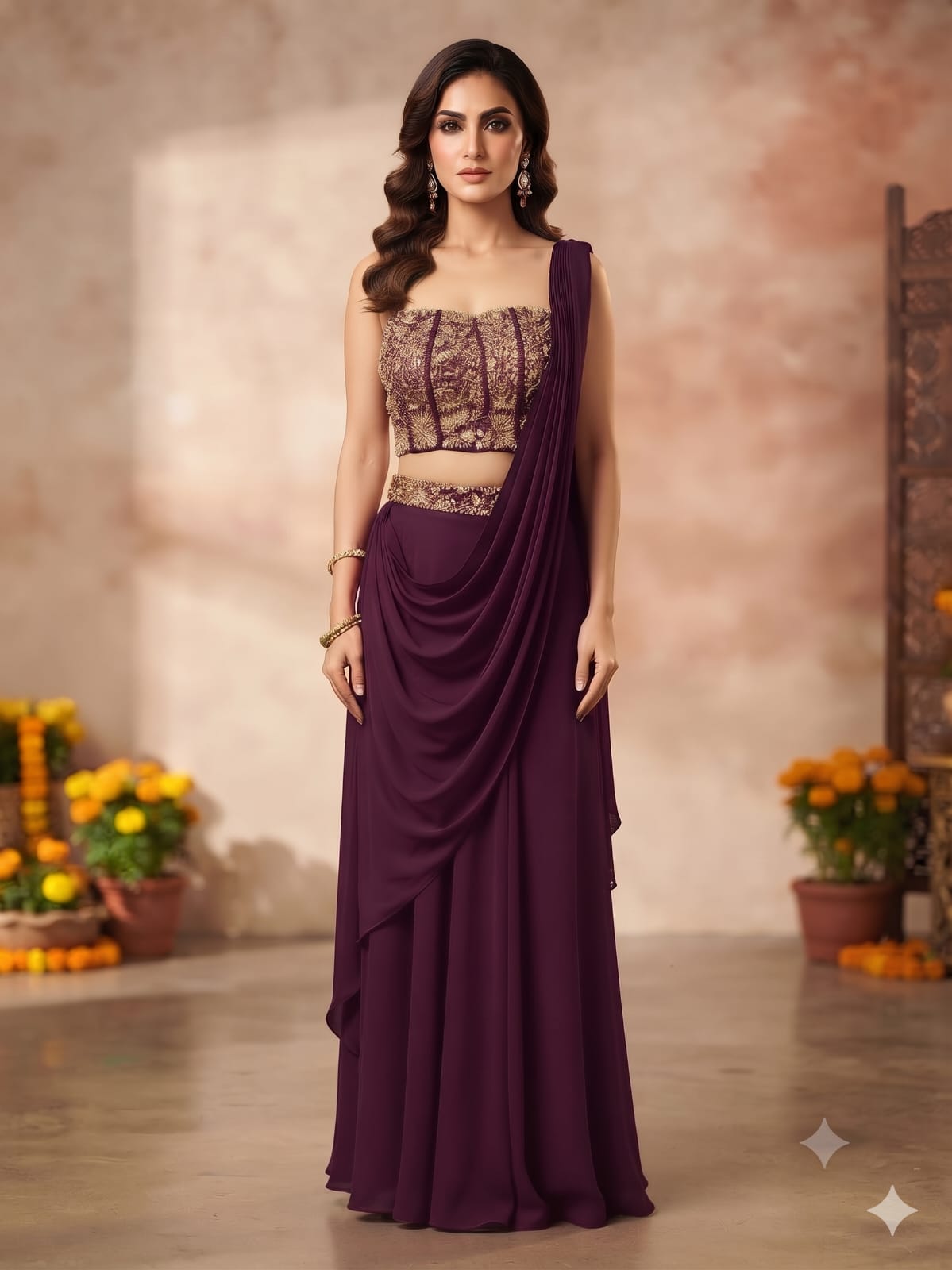 Embroidered Corset Drape Palazzo Set