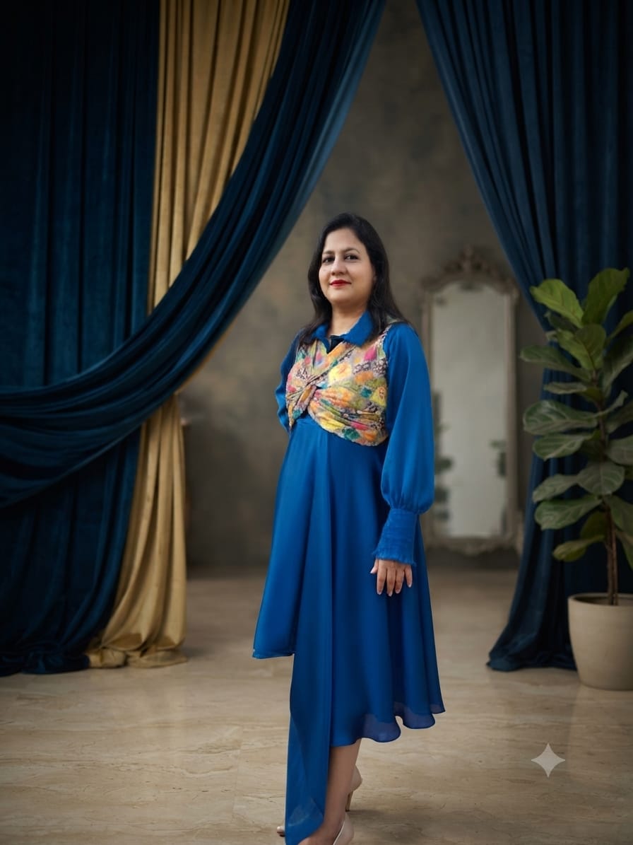 Elegant Royal Blue Dress with Statement Embroidered Bodice