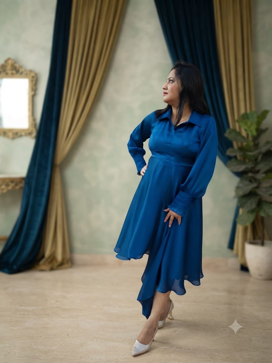 Elegant Royal Blue Dress with Statement Embroidered Bodice