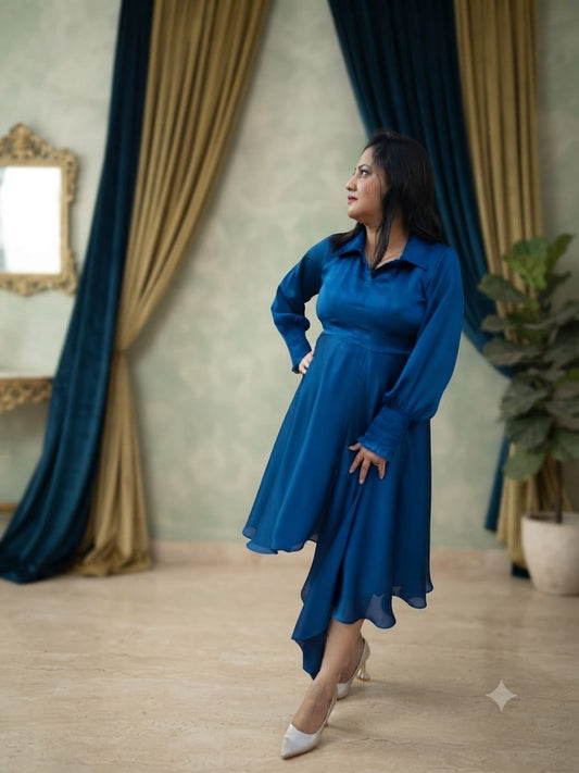 Elegant Royal Blue Dress with Statement Embroidered Bodice