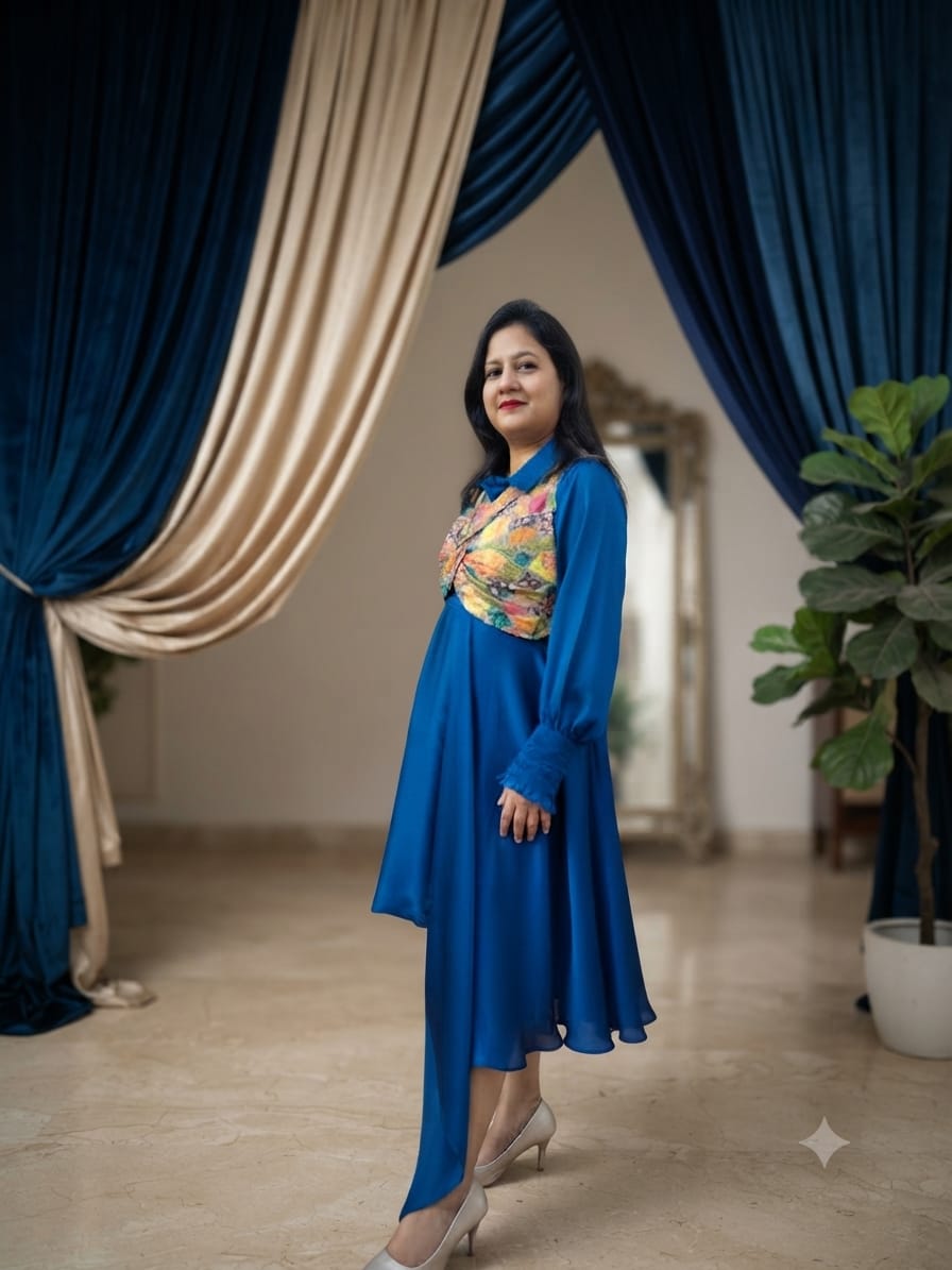 Elegant Royal Blue Dress with Statement Embroidered Bodice