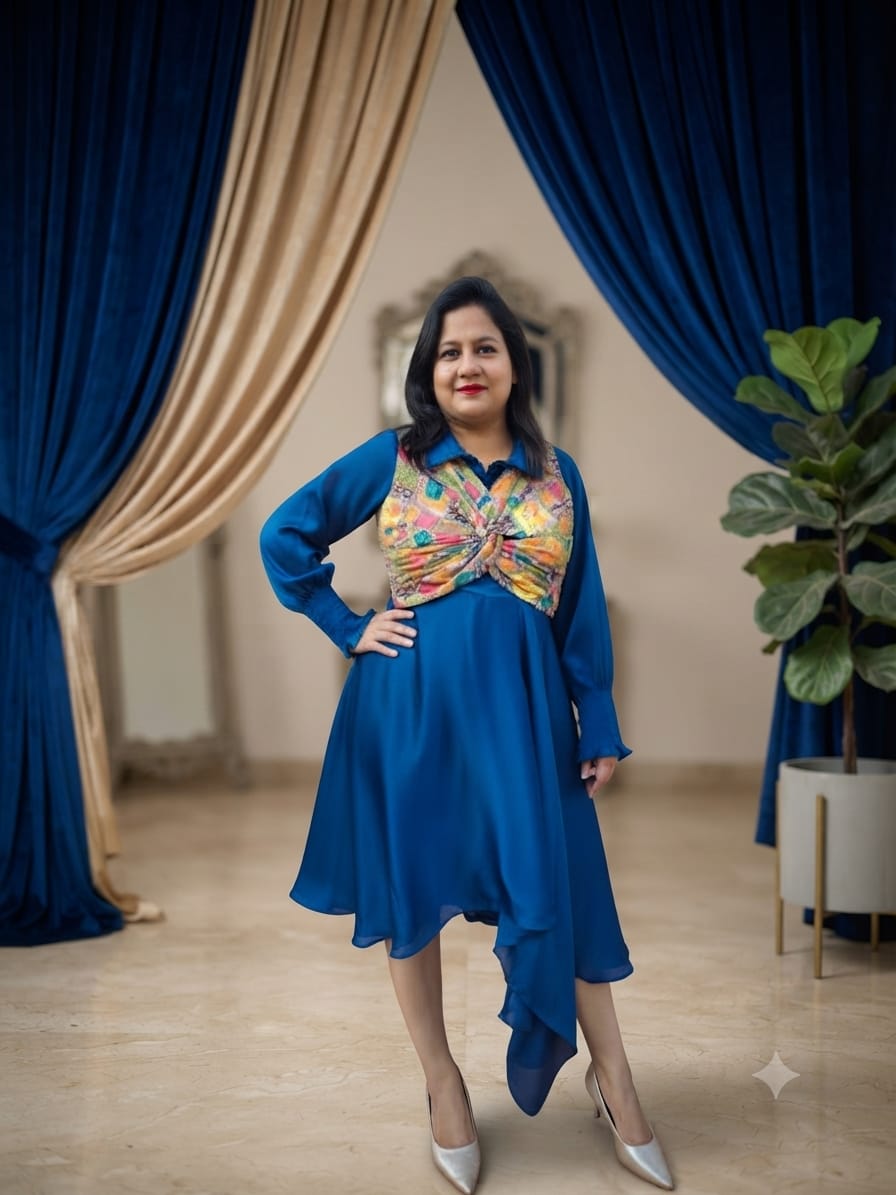 Elegant Royal Blue Dress with Statement Embroidered Bodice