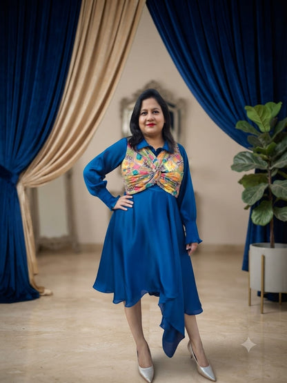 Elegant Royal Blue Dress with Statement Embroidered Bodice